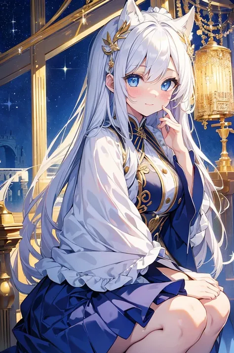 masterpiece, best quality, detailed，8K，1 girl, White fox girl，loli，(rich and colorful),blue eyes，Jewel color,(Delicate and beautiful eyes and delicate face),white hair,alone,Squatting，Cover your face with your hands，blush，Smile，shy expression,blue and gold...