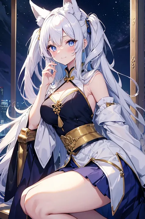 masterpiece, best quality, detailed，8K，1 girl,Little Fox Girl， White fox girl，Fox ears，White fox ears，loli，(rich and colorful)，Different pupils,One blue eye and one purple eye，jewel eyes,shining with light,(Delicate and beautiful eyes and delicate face),wh...