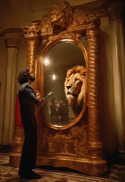 A man smokes large waterbong before a mirror. The mirror reflects a majestic lion behind him. The mans expression reveals a mixture of admiration and bravery as he confronts this startling sight