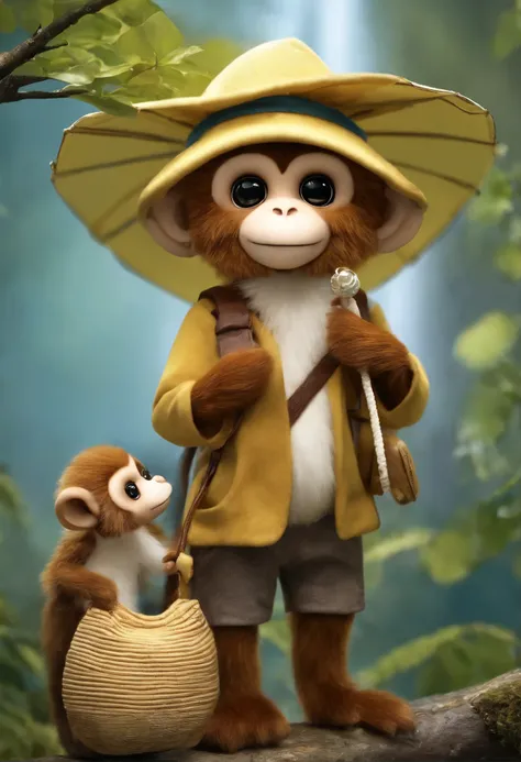 A little monkey doll with golden brown fur and white fur. Cute, fluffy fur. Wears a hat. There are 2 monkeys walking together, holding an umbrella, wearing a backpack, and a camera hanging from their necks.  Walking in the forest with cute trees and flower...