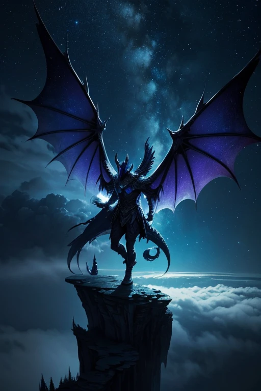 In a distant world where magic reigns supreme, an extraordinary scene unfolds. Atop a steep mountain, between clouds and starry skies, an ancestral dragon rises majestically. Its shimmering scales reflect the moonlight, creating dancing reflections in the ...