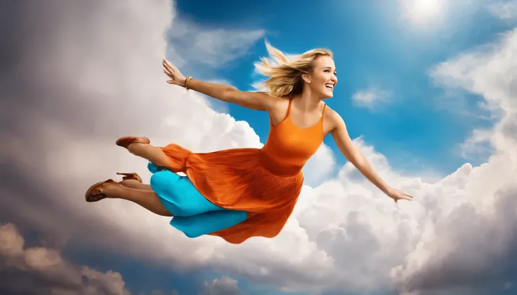 Emily Osment flying happily and gracefully in the sky 