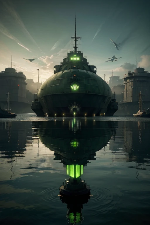 a large tank sitting on top of a body of water, a matte painting, by Chris Foss, deviantart, green radioactive glow, death star, profile pic, in a sci-fi shipping port
