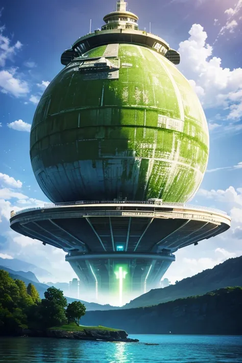 a large tank sitting on top of a body of water, a matte painting, by Chris Foss, deviantart, green radioactive glow, death star, profile pic, in a sci-fi shipping port
