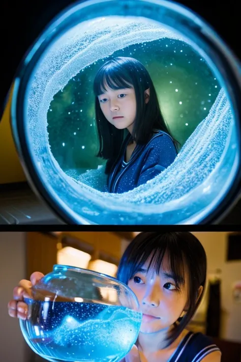 She is looking at the ramune bottle curiously. A spiral galaxy is spreading inside the ramune bottle.. Super realism photo. Japanese emotion. A poetic depiction.12 years old