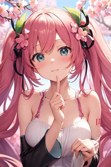 ((highest quality)), ((masterpiece)), (be familiar with), perfect face hatsune miku cherry blossom miku cherry blossoms in full bloom pink hair