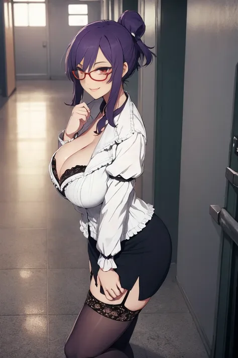 masterpiece, best quality, suzune, purple hair, red eyes, red glasses, white shirt, cleavage, lace trim, pencil skirt, garter st...