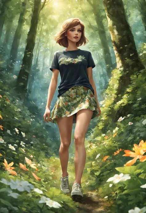 "Transport yourself to a floral paradise, where a beautiful 27-year-old girl wanders through the forest in a stylish miniskirt and above-the-belly-button t-shirt. The image is so detailed and visually descriptive, you can almost feel the soft petals and he...