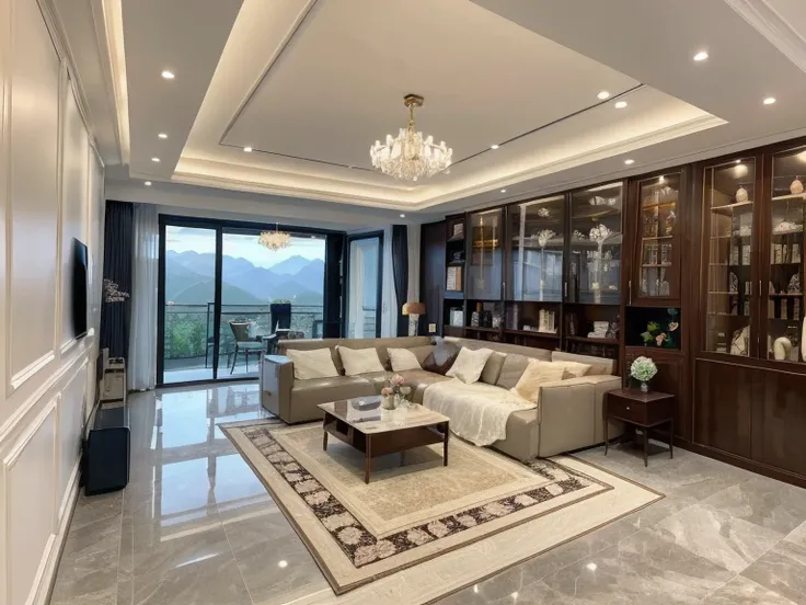 ，masterpiece, best quality，8k, ultra highres，Welcome to the fantastic duplex suite，As soon as you enter, you will be stunned by the luxurious golden marble floor！The courtyard and living room blend perfectly，Huge floor-to-ceiling windows let through the st...