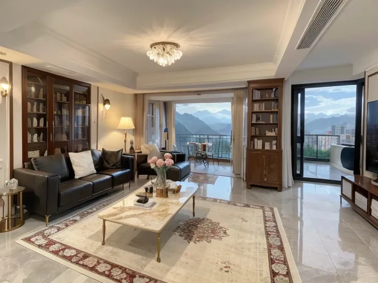 ，masterpiece, best quality，8k, ultra highres，Welcome to the fantastic duplex suite，As soon as you enter, you will be stunned by the luxurious golden marble floor！The courtyard and living room blend perfectly，Huge floor-to-ceiling windows let through the st...