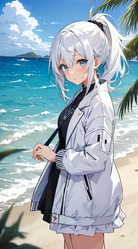 anime style,girl,white hair，White double ponytail, on the beach, national foundation