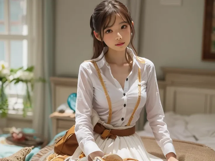 (masterpiece:1.2, best quality, ((contrasting eyes)), detailed, blouse, skirt, sitting, from front, bedroom, indoor)