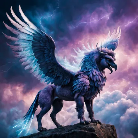 Photo image of a magical Griffin, magnificent winged Griffin with pegasus wings, Griffin flies among the clouds and spreads around the magical azure of bright, sparkling fog and purple magic lightning, skin texture and of the Griffins fur is clearly visibl...