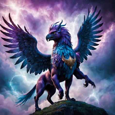 Photo image of a magical Griffin, magnificent winged Griffin with pegasus wings, Griffin flies among the clouds and spreads around the magical azure of bright, sparkling fog and purple magic lightning, skin texture and of the Griffins fur is clearly visibl...