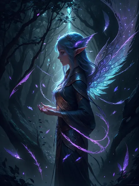 Elves Elves are small and beautiful creatures，Usually have long ears and wings。They are the guardians of nature，Beautiful elf wings that are good at magic and illusions flap gently.，A fantasy world of dancing magic, a mysterious atmosphere of light and sha...