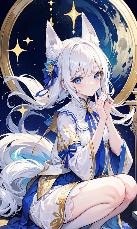 masterpiece, best quality, detailed，8K，1 girl, White fox girl，loli，(rich and colorful),blue eyes，Jewel color,(Delicate and beautiful eyes and delicate face),white hair,alone,Squatting，Cover your face with your hands，blush，Smile，shy expression,blue and gold...