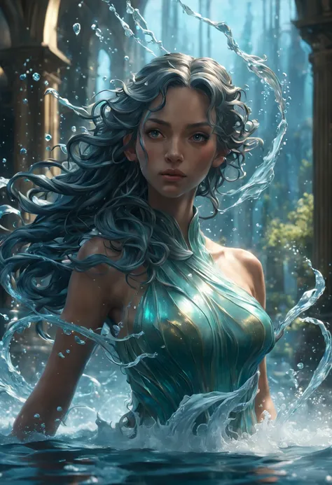 8k resolution concept art by Greg Rutkowski, Artgerm, WLOP, Alphonse Mucha with dynamic lighting and intricate details. Splash art trending on Artstation with Unreal Engine 5 volumetric lighting. Features a girl figure made of water, water statue, water ha...