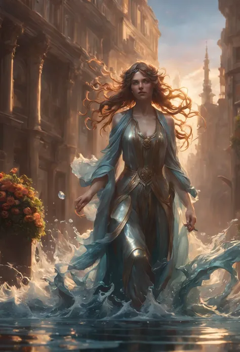 8k resolution concept art by Greg Rutkowski, Artgerm, WLOP, Alphonse Mucha with dynamic lighting and intricate details. Splash art trending on Artstation with Unreal Engine 5 volumetric lighting. Features a girl figure made of water, water statue, water ha...