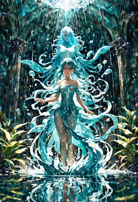 1girl, Features a girl figure made of water, water statue, water hair, water elemental girl, undine, water reflections, water flow, crystal wet body. Reimagined by industrial light and magic with 4k resolution post-processing. Also includes references to P...