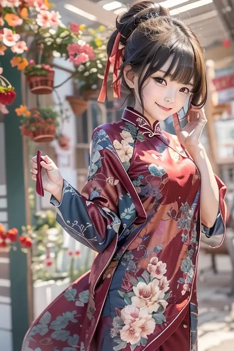 cheongsam clothing , master piece , best quality , detailed , bangs , 1 person, ((contrasting eyes)) , smile
