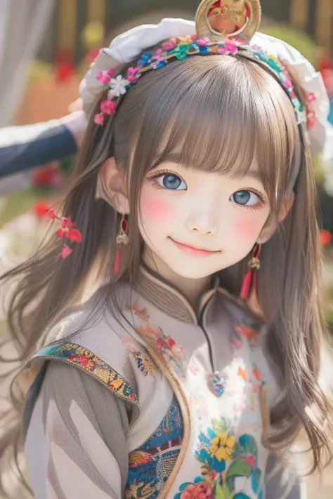 Chinese clothes, Masterpiece, Top quality, 10 years old, Details, Bangs, 1 person, Smile
