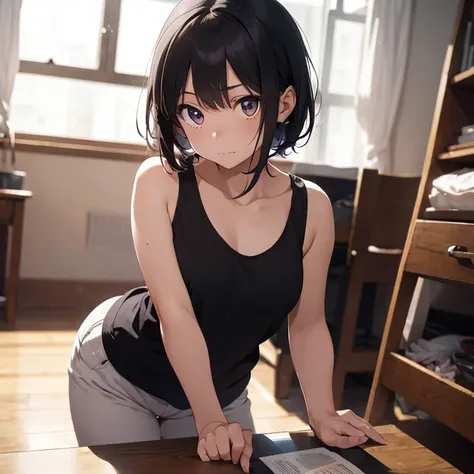 1 girl, (alone:1.2), ((masterpiece)), (Shadow), [slim], (small breasts), ((sharp focus)), white skin, ((fine eyes)), (blurred background), (dynamic angle), black hair, closed mouth, Tank top, interior, living room, messy hair, looking at the viewer, cold l...