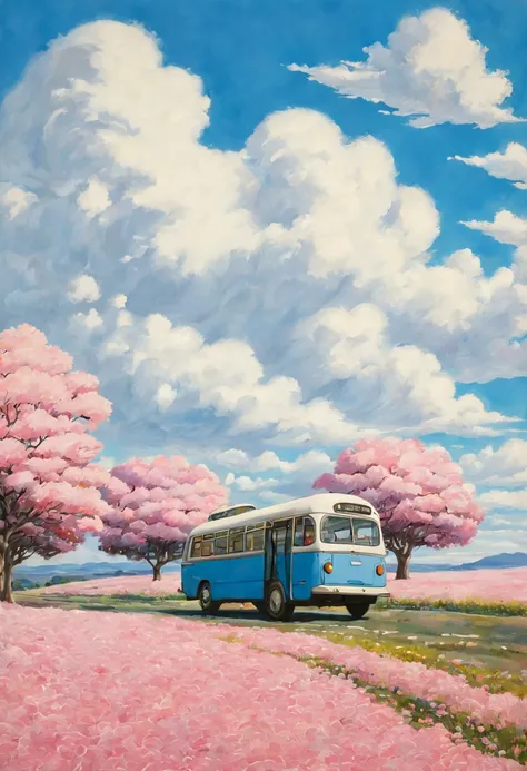 (((best quality)))), realistic, authentic, beautiful and amazing landscape with a bus on the road oil painting studio ghibli hay...