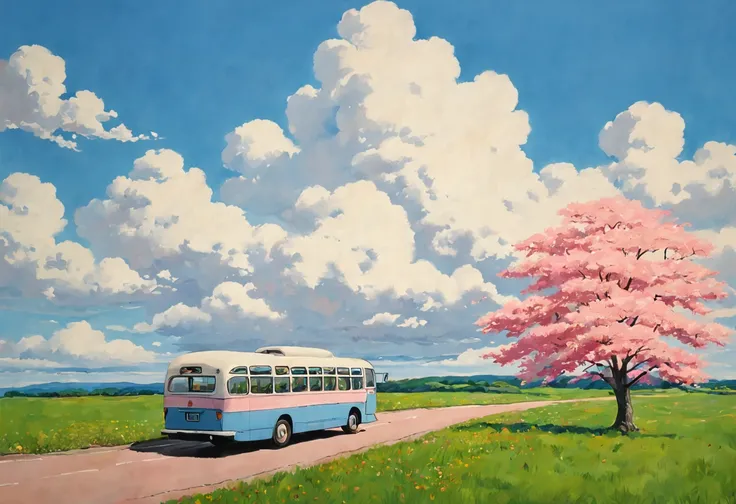 (((best quality)))), Realistic, authentic, beautiful and amazing landscape with a bus on the road oil painting Studio Ghibli Hayao Miyazaki pasture petals with blue sky and white clouds, no humans. A bus journeys west, the windshield flashing pink, pink gl...