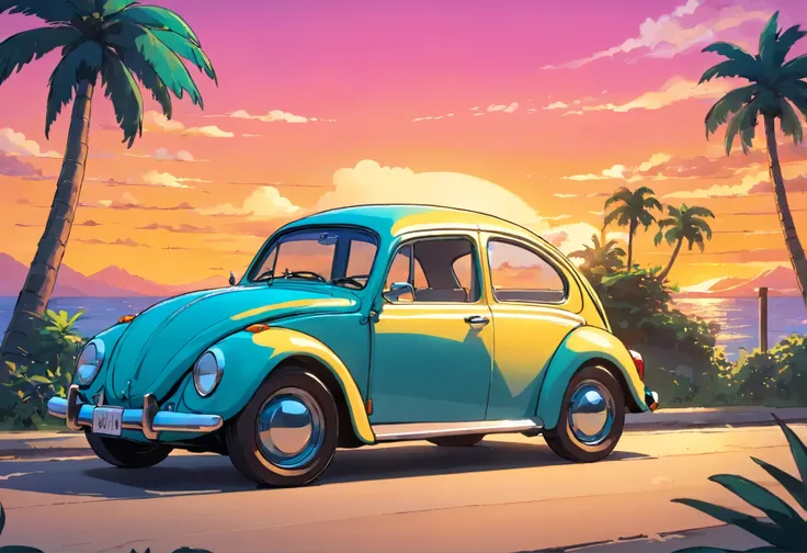 ((Sticker design)), Classic Beetle 1300 car, Sunset background, Palm trees, 5 colors of layers, Corner Street, Beleq drum, Presean, car in black color