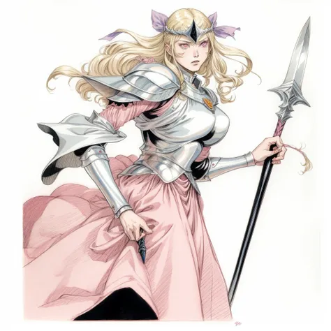 a drawing of a woman in a pink dress holding a sword, jeffrey jones, inspired by Li Chevalier, female knight, style of yoshitaka amano, griffith from berserk, claire wendling, in travis charest style, claymore, by Yoshitaka Amano, yoshitaka amano character...