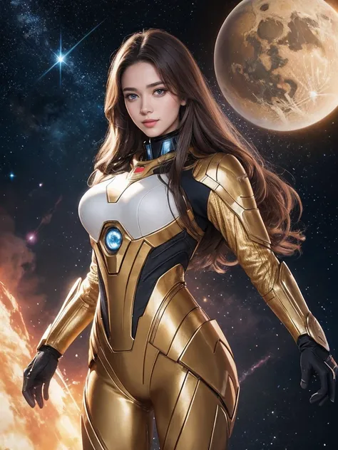 highest quality、masterpiece、ultra high resolution、(realistic:1.4)、Beautiful woman、Take a full body photo、beautiful eyes and skin details、smile、Light brown long hair、colorful space suit costume、outer space、Planetary collision、Explosion in the background、(((...