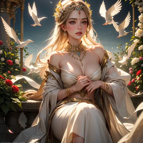 (best quality,4k,8k,highres,masterpiece:1.2),ultra-detailed,(realistic,photorealistic,photo-realistic:1.37),Venus,mythological,beautiful goddess,charming,elegant,graceful,celestial,serene,perfect features,flowing hair,statuesque figure,soft,ethereal,glowin...