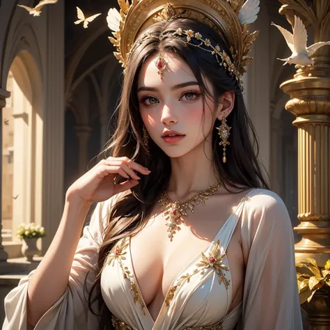 (best quality,4k,8k,highres,masterpiece:1.2),ultra-detailed,(realistic,photorealistic,photo-realistic:1.37),Venus,mythological,beautiful goddess,charming,elegant,graceful,celestial,serene,perfect features,flowing hair,statuesque figure,soft,ethereal,glowin...