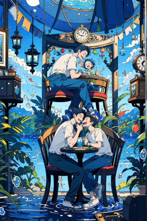 (masterpiece:1.2), best quality,PIXIV, 
fairy tale style, multiple men, 2 man, clock, short sleeves, sitting, closed eyes, chair, plant, cup, shoes, table, shirt, open mouth, water, fish, signature, bubble, pants, wide shot, leaf, white shirt, smile
 