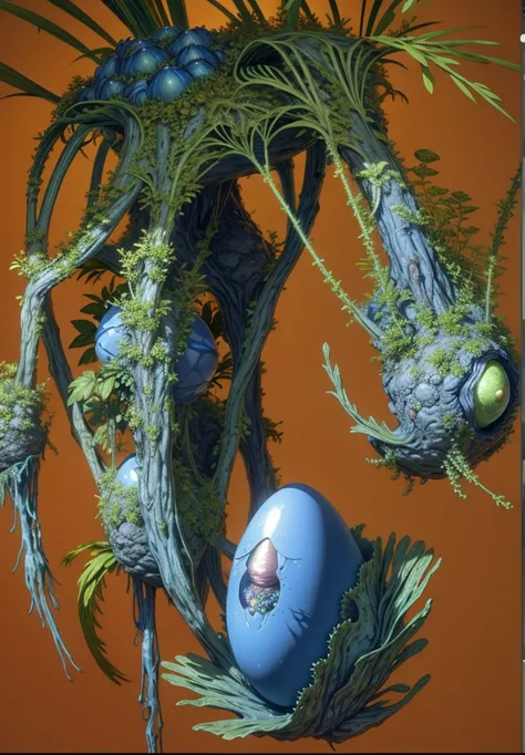 there is a blue egg sitting on a green plant with a blue egg, alien plant from alpha centauri, alien plant, alien flora and fauna, mandelbulb 3d, mandelbulb 3 d, 3d mandelbulb, alien flora, mandelbulb, mandelbulb architecture, style of jim burns, synthetic...