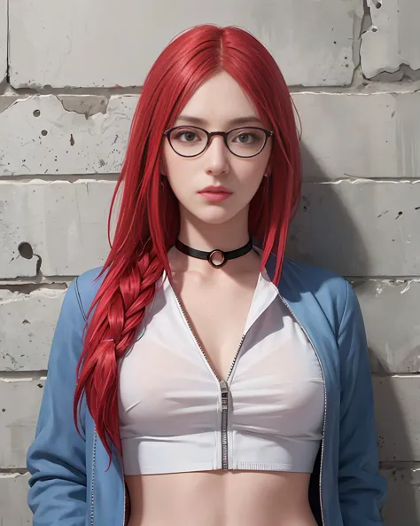 (masterpiece, best quality, 1girl, solo, intricate details, chromatic aberration), realistic, ((medium breath)), single braid red hair,  red eyes, glasses, earrings, sharp eyes, pink lips, choker, neon shirt, open jacket, crop top, (symmetry eyes),(perfect...