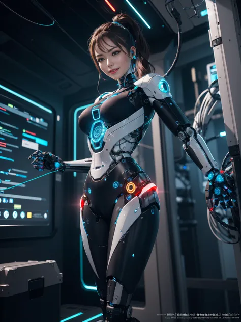 8K, BEST QUALITY, MASTERPIECE, COMPLEX 3D RENDER ULTRA DETAILED OF A BEAUTIFUL PORCELAIN PROFILE WOMAN ANDROID FACE, CLEAR GLASS ARMOR, BROWN HAIR, PONYTAIL, LUMINOUS BLUE STRIP, CYBORG, ROBOTIC PARTS, (ROBOTIC TRUNK:1.5), ROBOTIC ARMS, MECHANIC LEGS, LOOK...