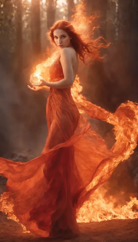 A young beautiful woman, goddess of fire, long flowing flame-red hair, perfect body, perfect round breast, soft and attractive, wearing ancient styled red peplos dress, standing and starring, flames are burning around her, high resolution, fantasy photo, v...