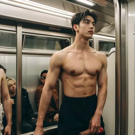 1人，A 20-year-old man in the subway，Standing in a subway car，Ultra-flat head， leg apart，Slender figure，Handsome， exhilarated，Be red in the face，full bodyesbian，Exposing thighs，Expose calves，Thick leg hair，In crowded subway cars，gentlesoftlighting , masterpi...