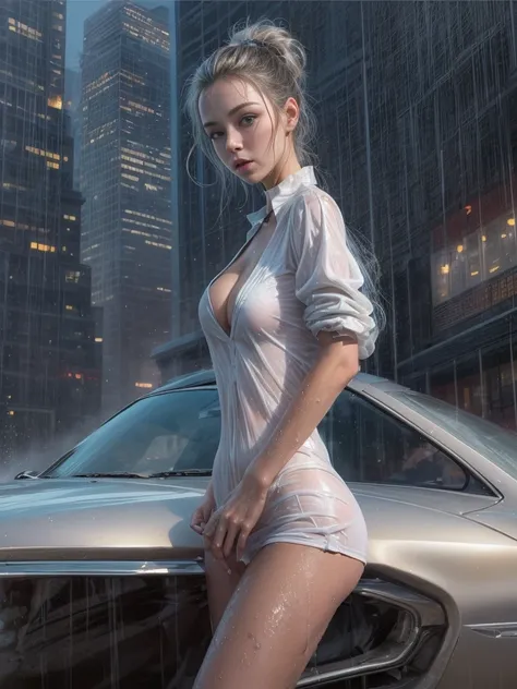 1 character, beautiful woman with wavy hair, Detailed traced face, Delicate and charming eyes, Thigh notch, sexy long legs, just a short wet t-shirt , Thin body, cutout at the hips, breast nipples visible through clothes, nipples sticking out, see through,...