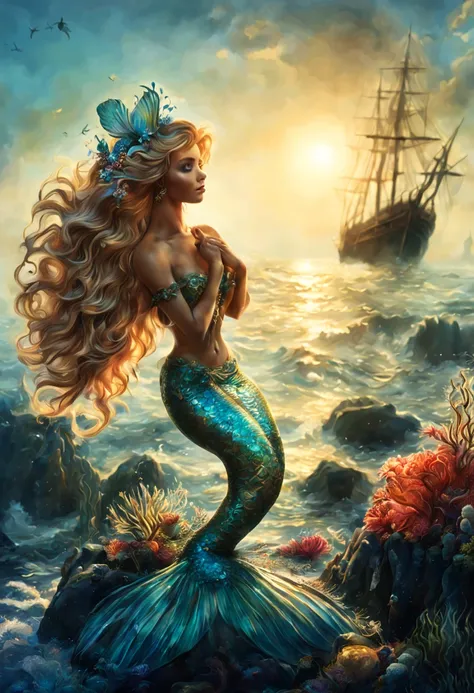 (highres:1.2), detailed mermaid with shimmering scales, sitting gracefully on a rugged rock, overlooking the vast expanse of the...