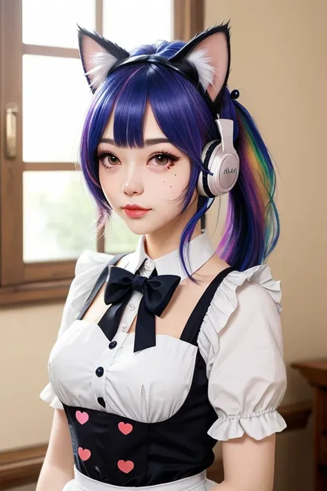 rainbow hair, ponytail, hairclip, hair ribbon, hair bow, maid headdress, goggles, mole under eye, heart-shaped pupils, cat ear headphones, bored