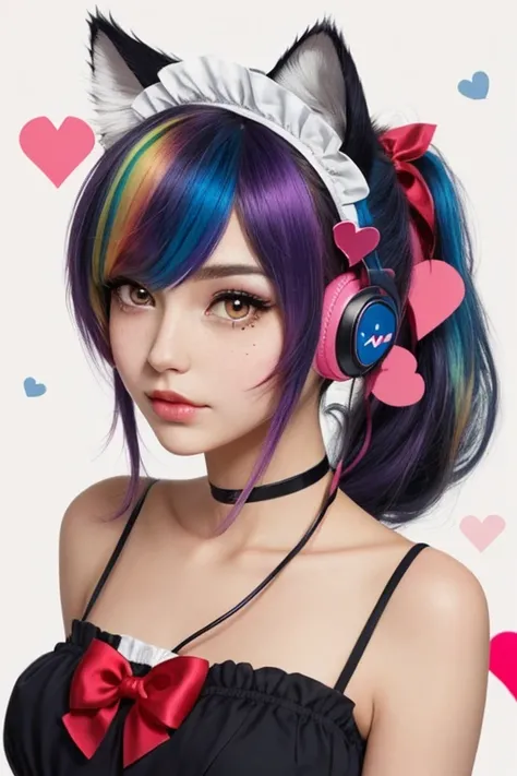 rainbow hair, ponytail, hairclip, hair ribbon, hair bow, maid headdress, goggles, mole under eye, heart-shaped pupils, cat ear headphones, bored