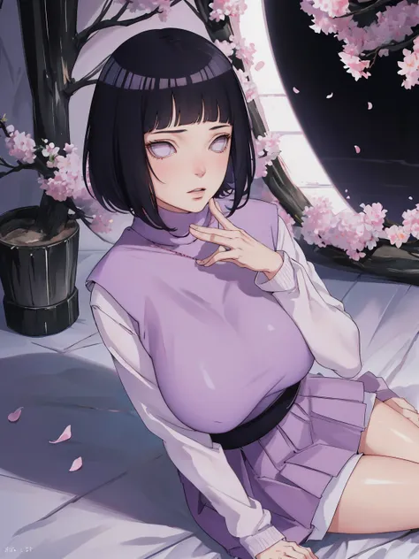 { - anatomy error} (Masterpiece - Ultra-detailed, very high resolution) (huge titusty, masterpiece, absurdres, hinata(boruto), 1girl, solo,mature female, lilac turtleneck blouse, high waist black long skirt, looking at viewelling petals), perfect compositi...