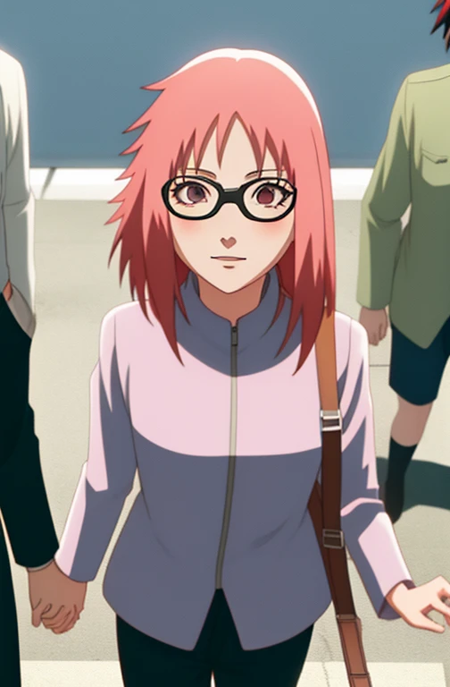 1girl, ((anime screencap)), (flat chest), cute, 21 year old, adult, 8k, masterpiece, absurdres, anime, red hair, red eyes, glasses, 1boy((animescreencap)), (cute, holding hands of girl, black oinix hair, black eyes)