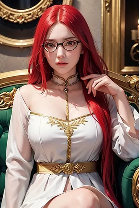 1 Girl, sitting on the classical European sofa, white skin, red hair, long hair with slight curls, exquisite and beautiful big red eyes,, glasses exquisite features, detailed features, exquisite and gorgeous uniform inlaid with gems, perfect figure,gorgeou...