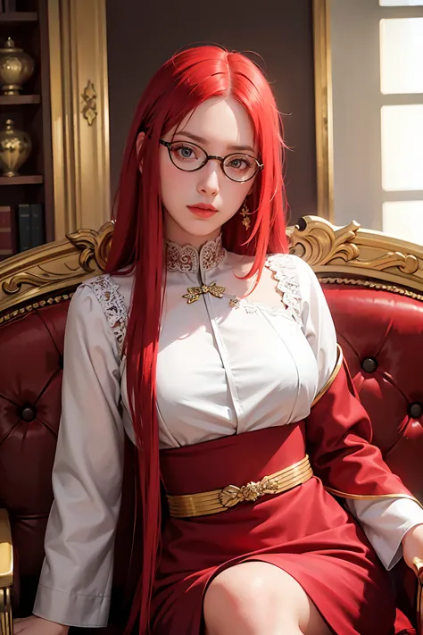 1 Girl, sitting on the classical European sofa, white skin, red hair, long hair with slight curls, red vouluminous hair, crown on her head, exquisite and beautiful big red eyes,, glasses exquisite features, detailed features, exquisite and gorgeous uniform...