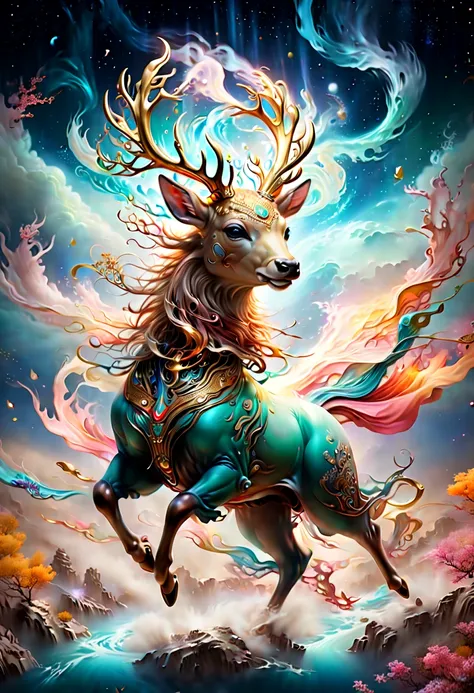 Chinese Colorful Deer, Dunhuang Color Matching, Eastern Aesthetics, Flowing Light Gauze, Light Dancing and Flying, Auspicious Clouds, Starry River, Gorgeous, Unreal, Super Realistic, Ultimate Details, Luxury, Movie Lighting, Close ups, Complex Textures, Oc...