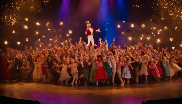 The grand finale features Pippin and the Muppets taking a bow under a rain of confetti. The confetti is colorful and sparkly, creating a magical moment of celebration. The audience is seen standing, applauding, and cheering for the fantastic show. Pippin f...