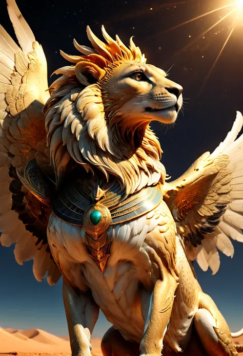 Egyptian epic creature, The combination of lion and great bustard, the imprint of the sun, pure golden wings, extremely detailed real-time rendering animation, clear, ultra detailed, high sensitivity, soft lighting, ultra clear details, ultra clear materia...